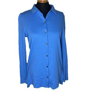 Halston Button Down Womens S Top Blue Hi Low Tunic Stretch Ribbed Collared Modal